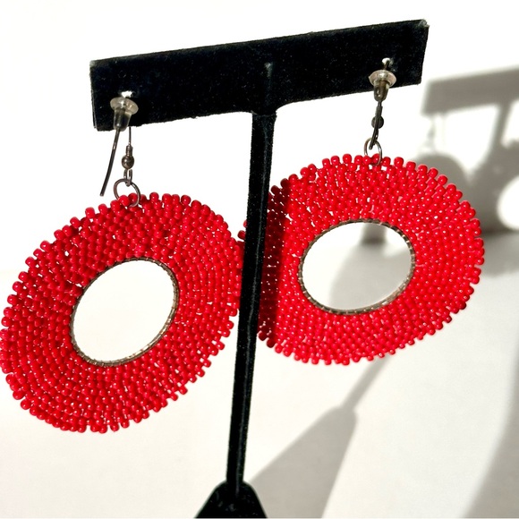RED BEADED Statement Hoop Earrings - Picture 4 of 6
